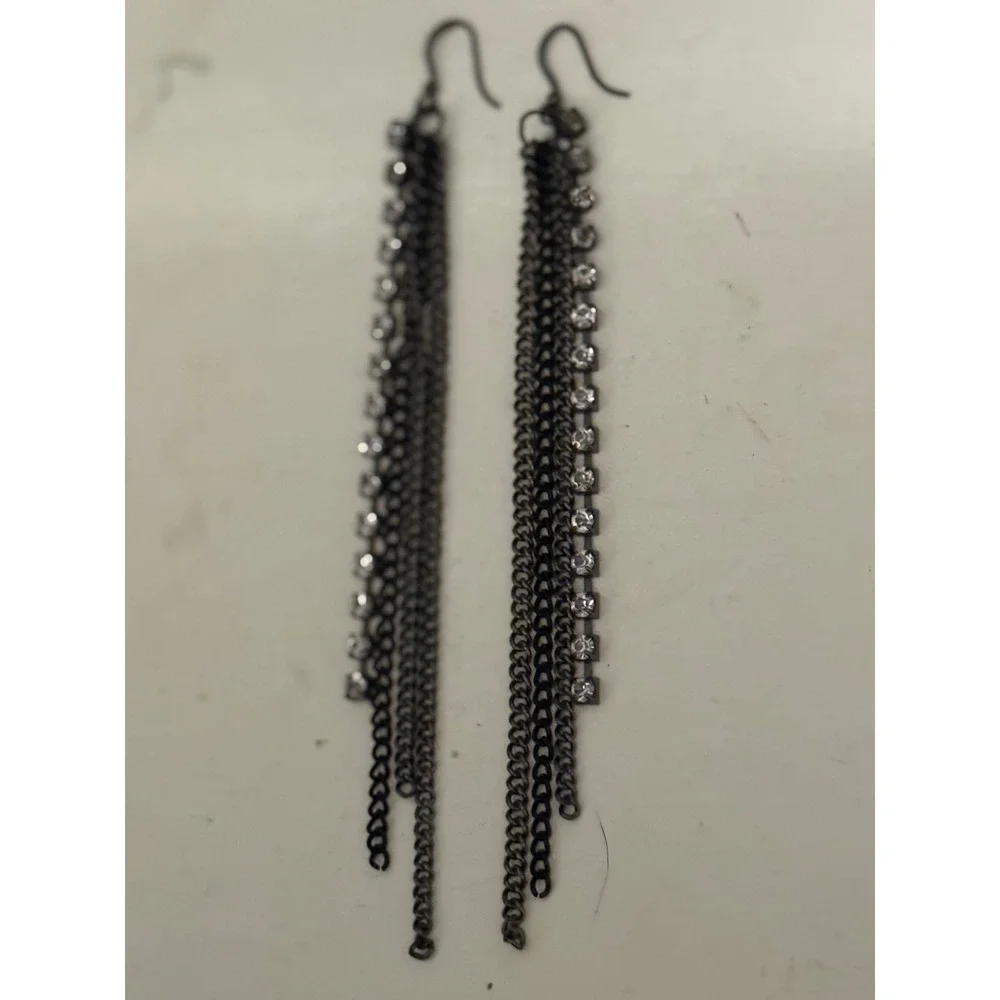 Gunmetal Multi Strand Chain Rhinestone Long Dangle Shoulder Duster Earrings